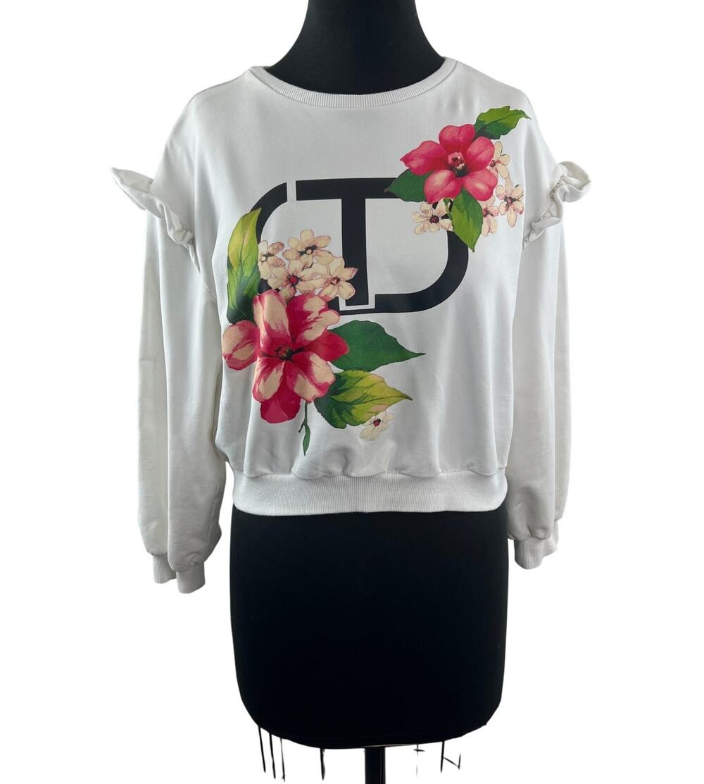 Twinset White Sweatshirt Floral Crew Neck Ruffle Drop Shoulder Pullover Size 14